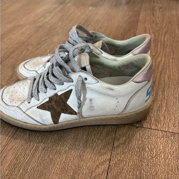 Golden Goose Ballstar White Sneakers with Pink and Silver Accents - Picture 3 of 6
